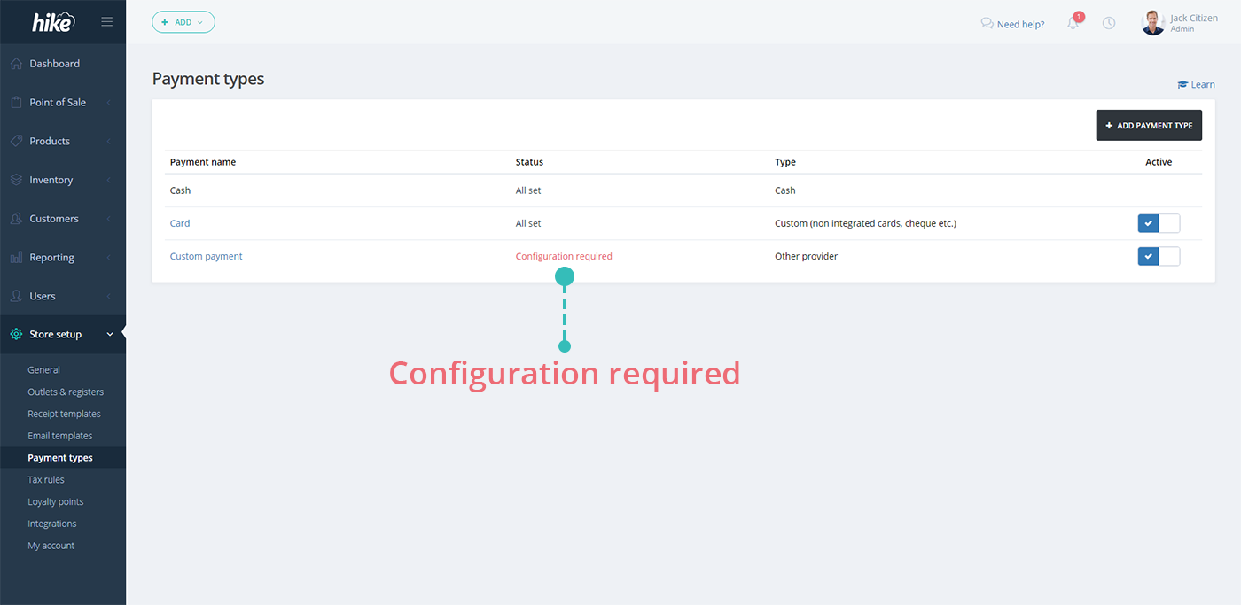 The active payments list showing Configuration required