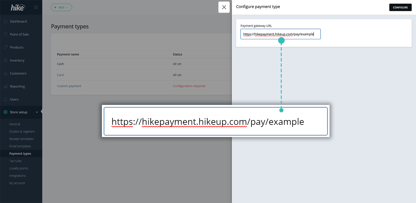 Entering the payment gateway URL